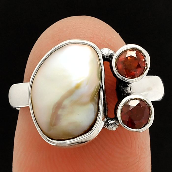 Natural Fresh Water Biwa Pearl and Garnet Ring size-8 SDR234906 R-1122, 8x13 mm