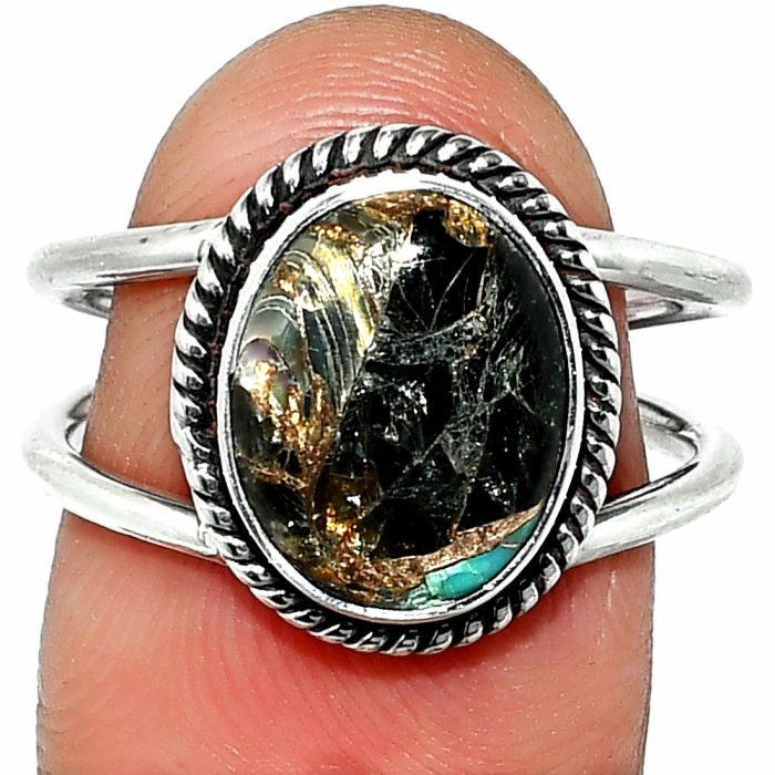 Shell In Black Blue Turquoise Ring size-7.5 SDR236982 R-1068, 9x12 mm