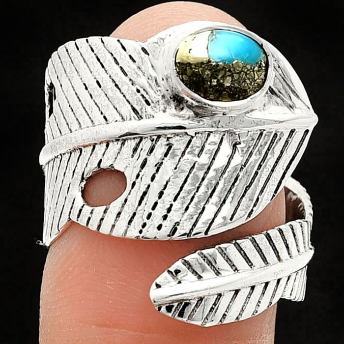 Adjustable Feather - Kingman Turquoise With Pyrite Ring size-8 SDR237055 R-1473, 5x7 mm