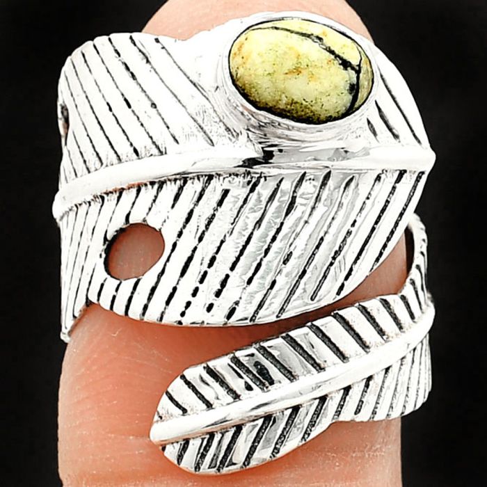 Adjustable Feather - Authentic White Buffalo Turquoise Nevada Ring size-5 SDR237059 R-1473, 5x7 mm