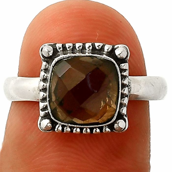 Smoky Quartz Checker Briolette Ring size-7 SDR237245 R-1725, 8x8 mm