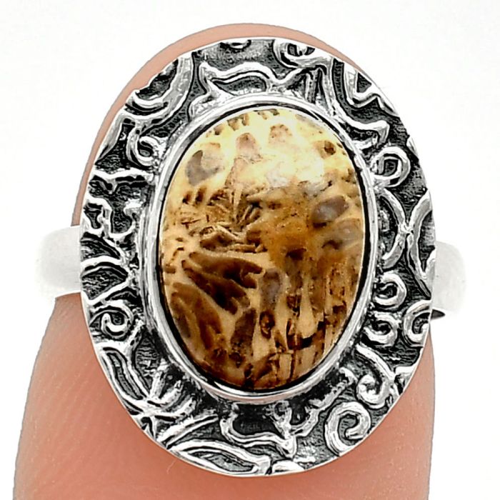 Flower Fossil Coral Ring size-9 SDR238075 R-1649, 9x12 mm