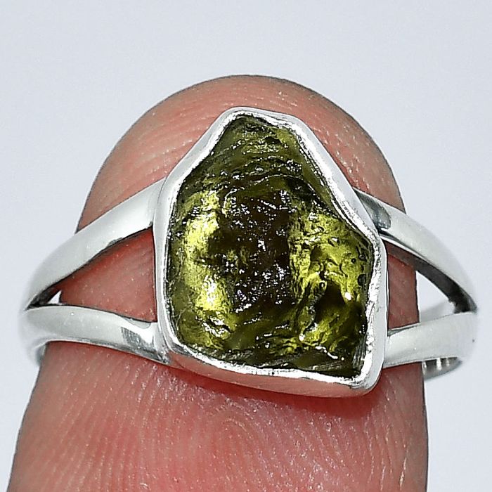 Genuine Czech Moldavite Rough Ring size-7 SDR238773 R-1002, 9x12 mm