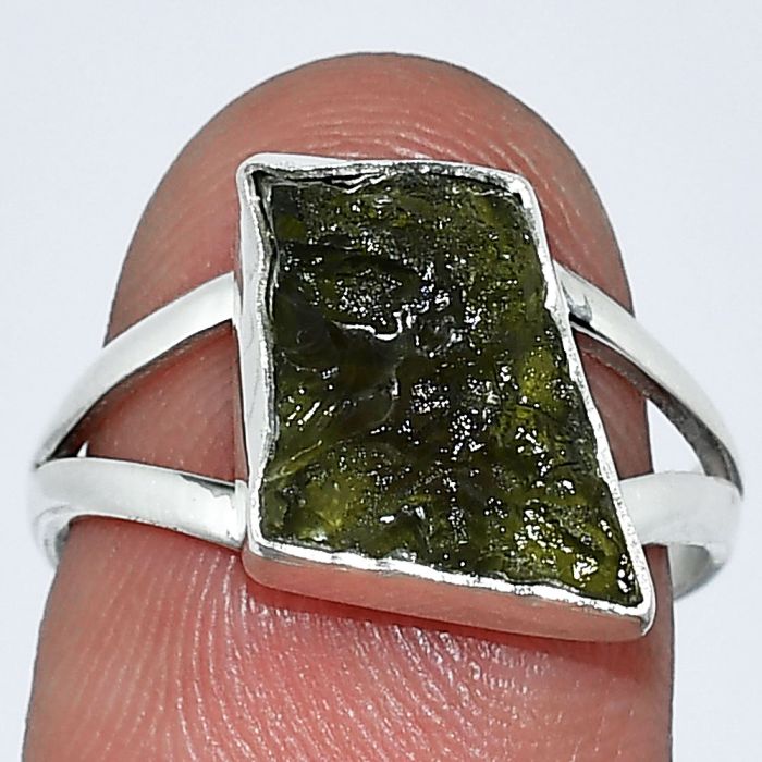 Genuine Czech Moldavite Rough Ring size-7 SDR238778 R-1002, 9x15 mm