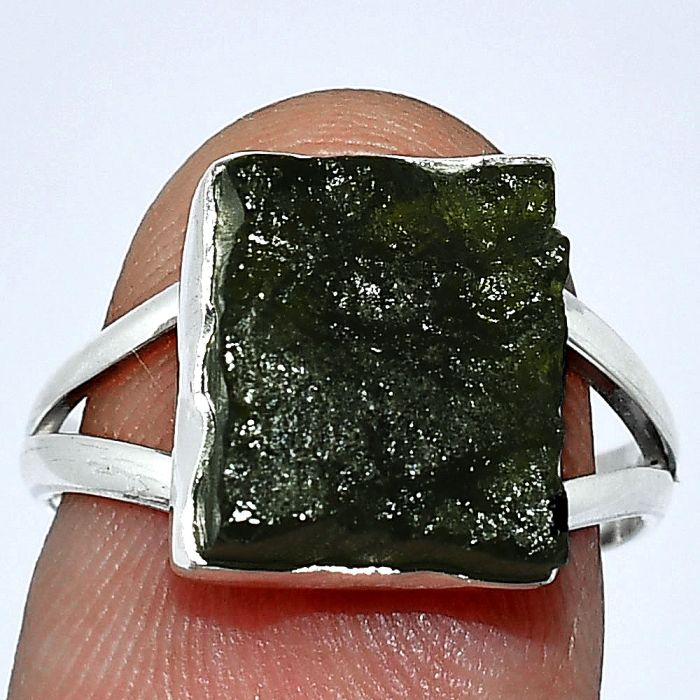 Genuine Czech Moldavite Rough Ring size-7 SDR238781 R-1002, 10x12 mm