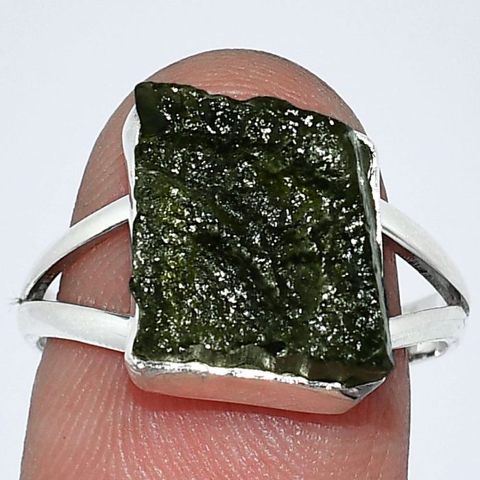 Genuine Czech Moldavite Rough Ring size-8 SDR238783 R-1002, 11x12 mm