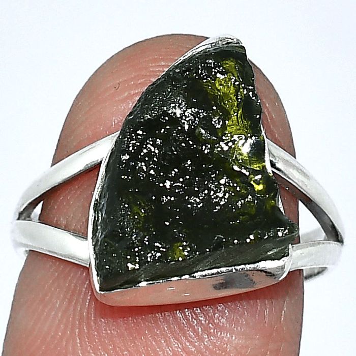 Genuine Czech Moldavite Rough Ring size-7.5 SDR238786 R-1002, 11x16 mm