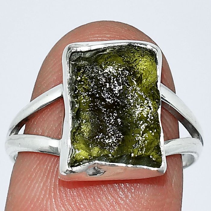 Genuine Czech Moldavite Rough Ring size-7 SDR238787 R-1002, 9x12 mm