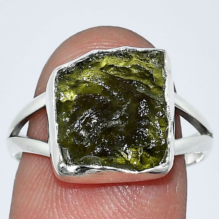 Genuine Czech Moldavite Rough Ring size-8 SDR238788 R-1002, 11x12 mm