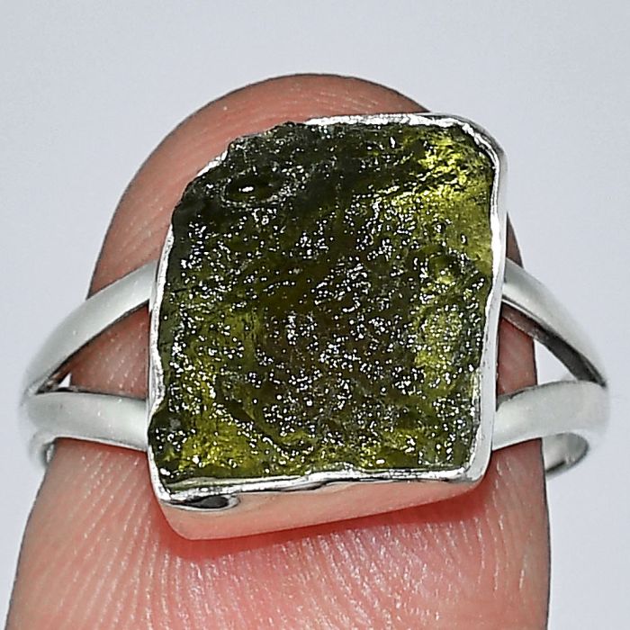 Genuine Czech Moldavite Rough Ring size-7 SDR238790 R-1002, 10x12 mm