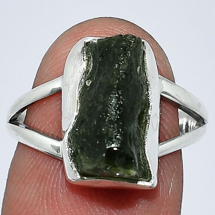 Genuine Czech Moldavite Rough Ring size-7.5 SDR238795 R-1002, 7x13 mm