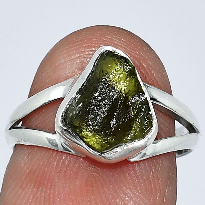 Genuine Czech Moldavite Rough Ring size-7 SDR238796 R-1002, 9x10 mm