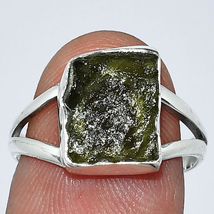 Genuine Czech Moldavite Rough Ring size-7 SDR238797 R-1002, 9x12 mm