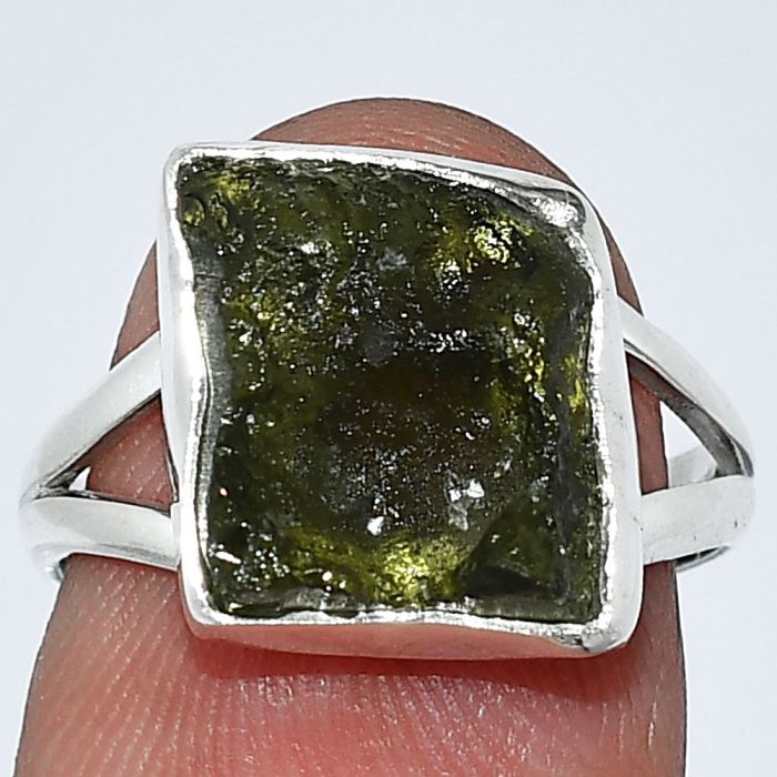 Genuine Czech Moldavite Rough Ring size-7 SDR238799 R-1002, 11x12 mm