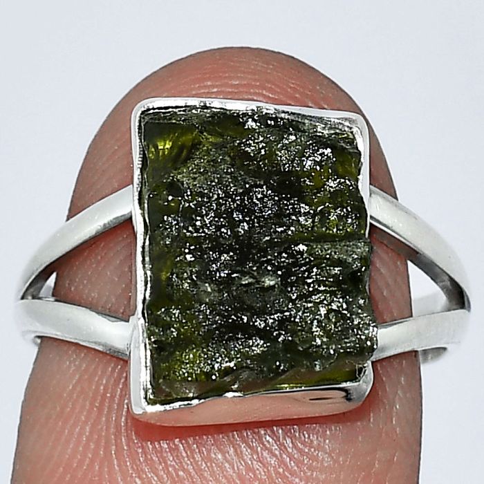 Genuine Czech Moldavite Rough Ring size-7 SDR238802 R-1002, 9x12 mm