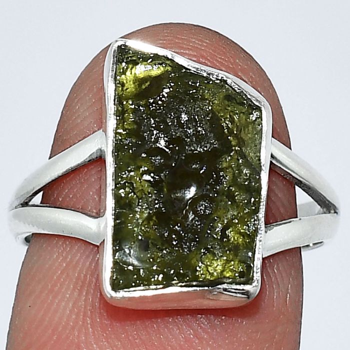 Genuine Czech Moldavite Rough Ring size-8 SDR238804 R-1002, 9x15 mm