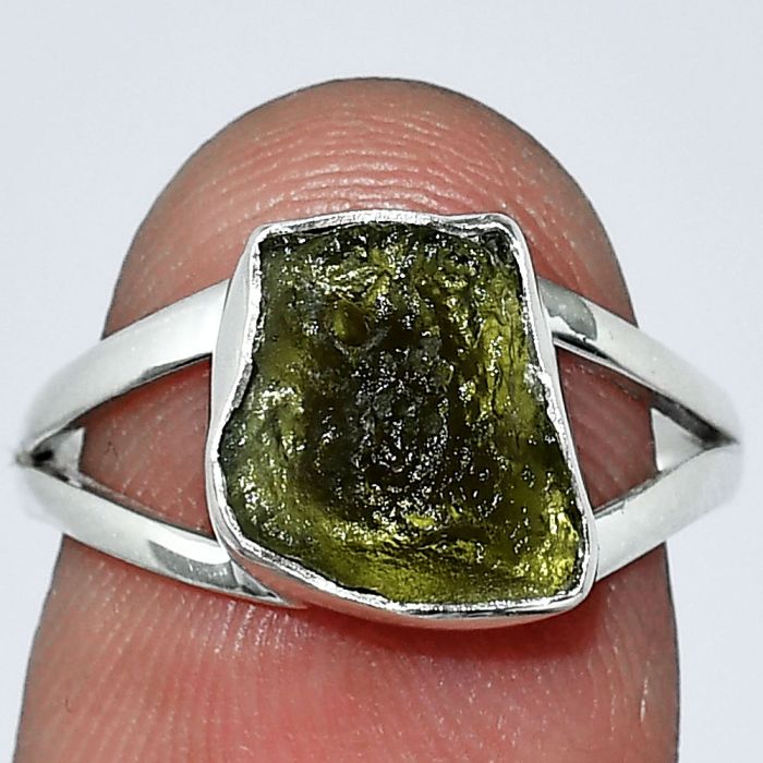 Genuine Czech Moldavite Rough Ring size-7 SDR238805 R-1002, 8x10 mm