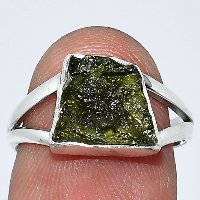 Genuine Czech Moldavite Rough Ring size-7 SDR238807 R-1002, 9x10 mm