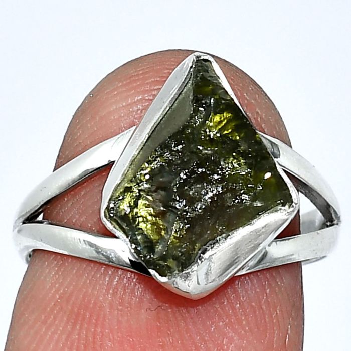 Genuine Czech Moldavite Rough Ring size-7 SDR238810 R-1002, 8x12 mm