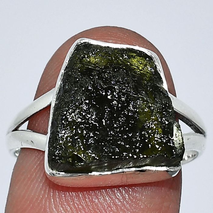 Genuine Czech Moldavite Rough Ring size-8 SDR238818 R-1002, 13x13 mm