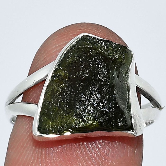 Genuine Czech Moldavite Rough Ring size-8 SDR238819 R-1002, 12x13 mm