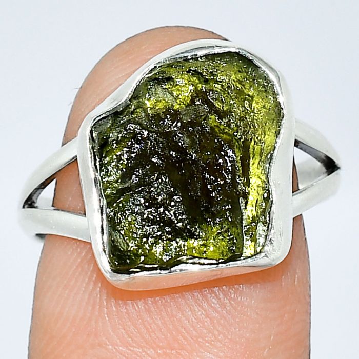 Genuine Czech Moldavite Rough Ring size-8 SDR238825 R-1002, 12x15 mm