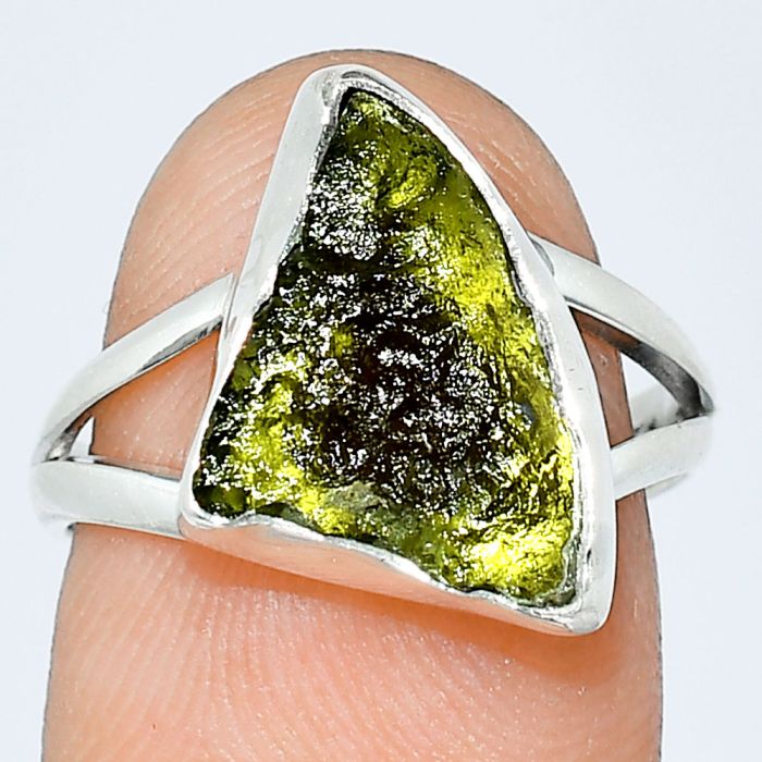 Genuine Czech Moldavite Rough Ring size-7 SDR238826 R-1002, 11x16 mm