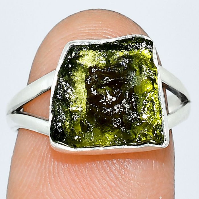 Genuine Czech Moldavite Rough Ring size-7 SDR238834 R-1002, 11x11 mm