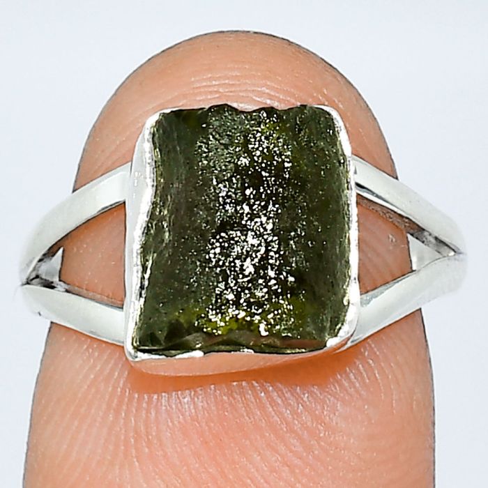Genuine Czech Moldavite Rough Ring size-7 SDR238835 R-1002, 9x10 mm