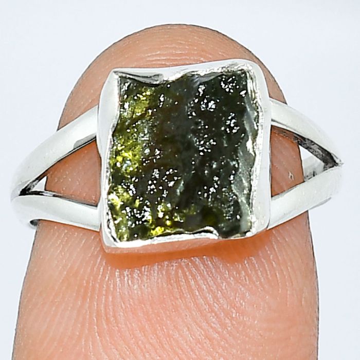 Genuine Czech Moldavite Rough Ring size-7 SDR238846 R-1002, 8x9 mm