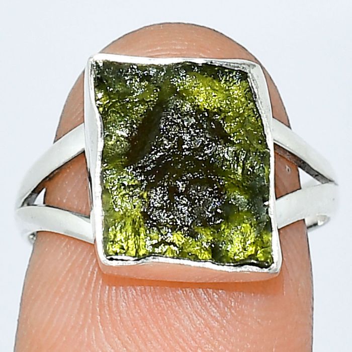 Genuine Czech Moldavite Rough Ring size-7 SDR238847 R-1002, 10x12 mm