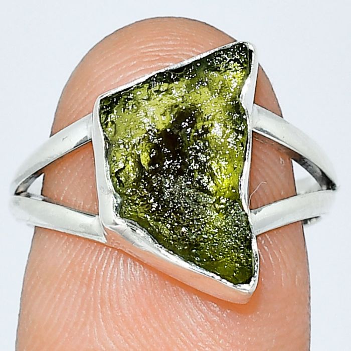 Genuine Czech Moldavite Rough Ring size-7 SDR238848 R-1002, 8x14 mm