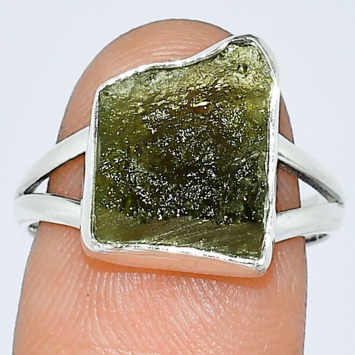 Genuine Czech Moldavite Rough Ring size-8 SDR238853 R-1002, 10x13 mm