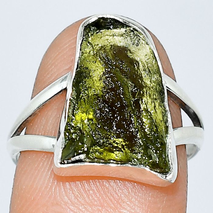 Genuine Czech Moldavite Rough Ring size-7 SDR238854 R-1002, 11x15 mm