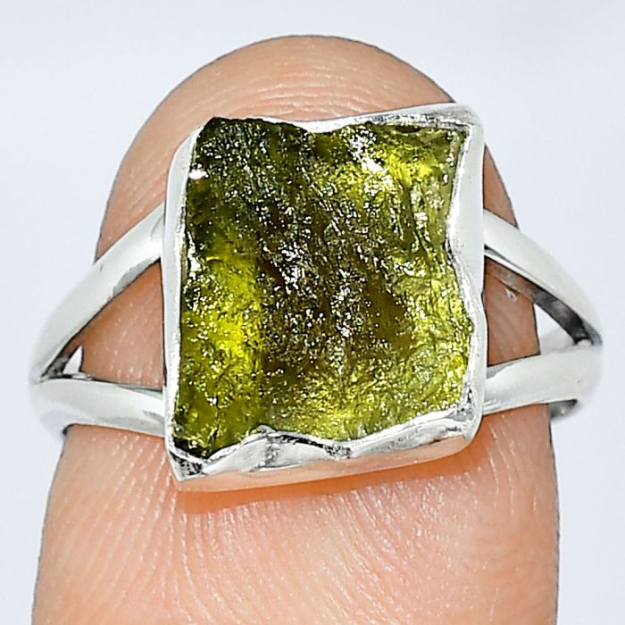 Genuine Czech Moldavite Rough Ring size-7 SDR238855 R-1002, 9x10 mm