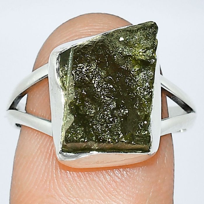 Genuine Czech Moldavite Rough Ring size-8 SDR238858 R-1002, 10x14 mm