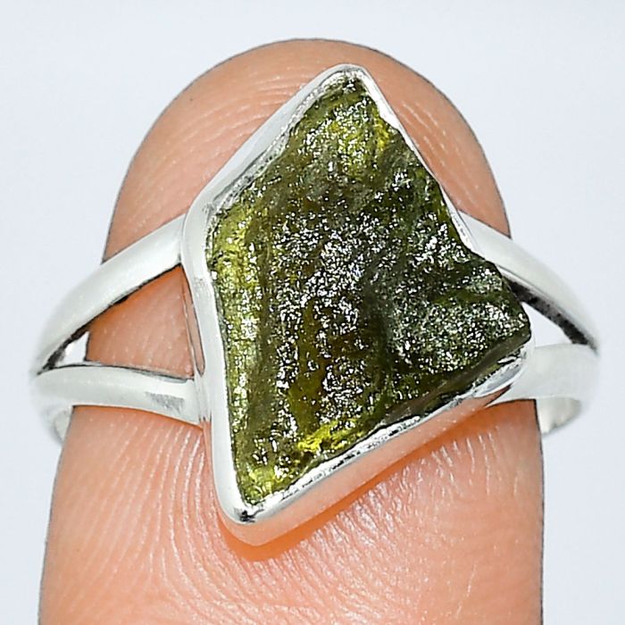 Genuine Czech Moldavite Rough Ring size-8 SDR238864 R-1002, 10x15 mm