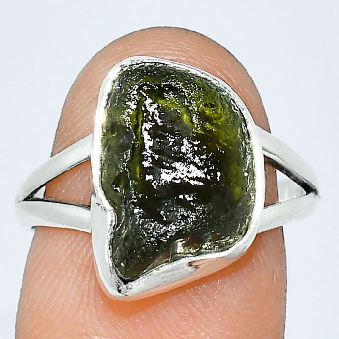 Genuine Czech Moldavite Rough Ring size-8 SDR238868 R-1002, 10x14 mm