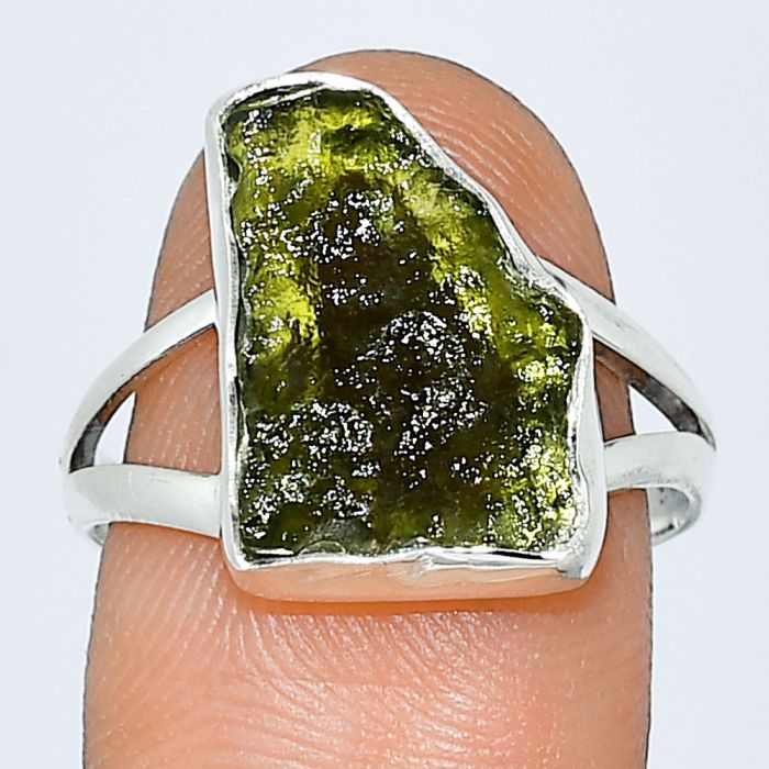 Genuine Czech Moldavite Rough Ring size-8 SDR238870 R-1002, 11x15 mm