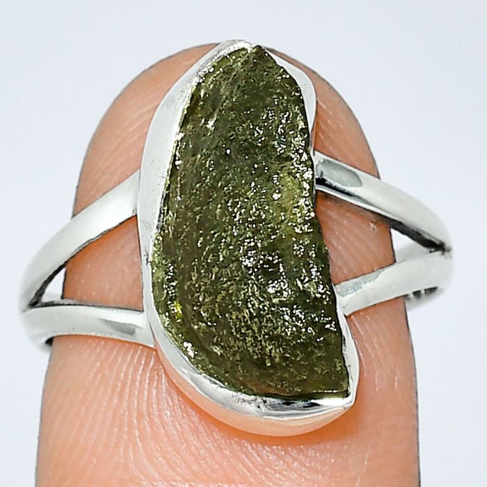 Genuine Czech Moldavite Rough Ring size-8 SDR238874 R-1002, 7x16 mm