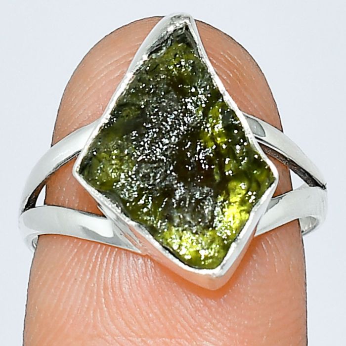 Genuine Czech Moldavite Rough Ring size-7 SDR238876 R-1002, 10x16 mm