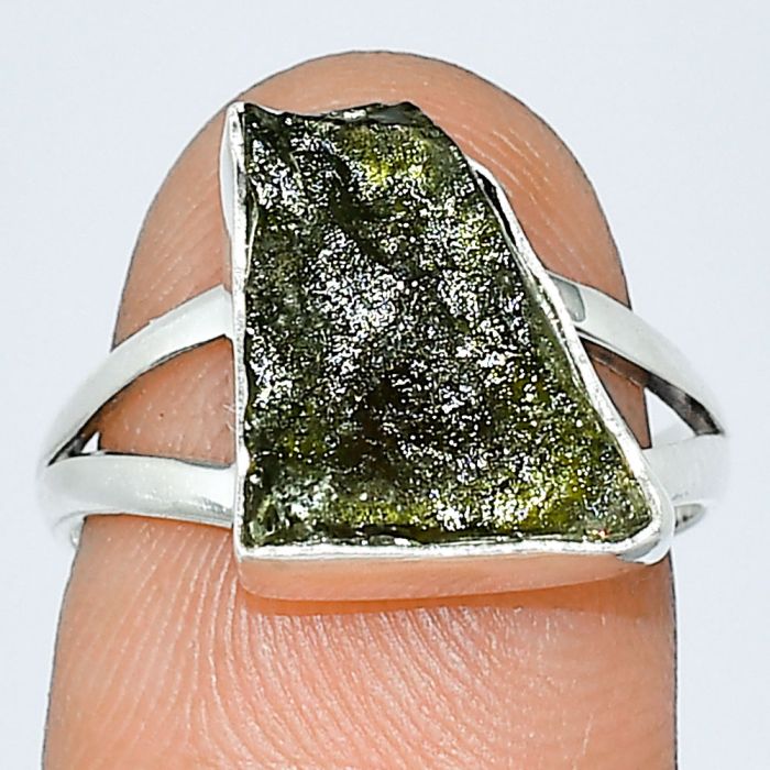 Genuine Czech Moldavite Rough Ring size-7 SDR238879 R-1002, 10x16 mm