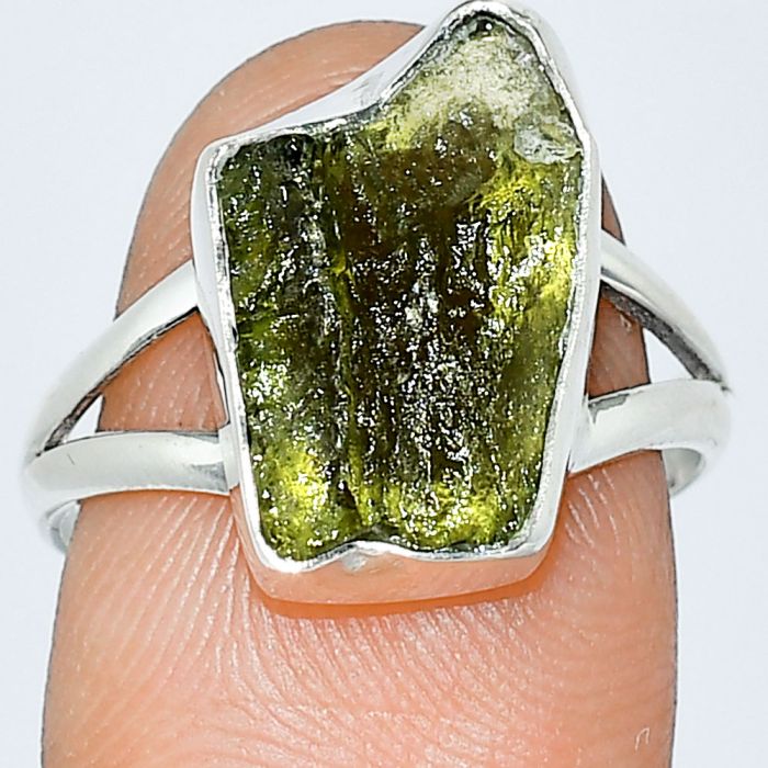 Genuine Czech Moldavite Rough Ring size-8 SDR238884 R-1002, 11x16 mm