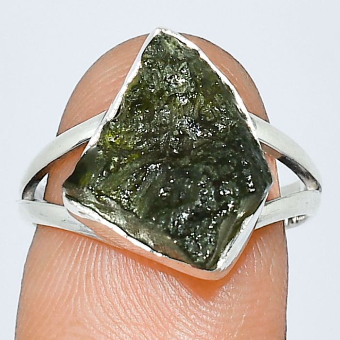 Genuine Czech Moldavite Rough Ring size-7 SDR238886 R-1002, 13x16 mm