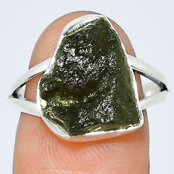 Genuine Czech Moldavite Rough Ring size-8 SDR238887 R-1002, 12x14 mm