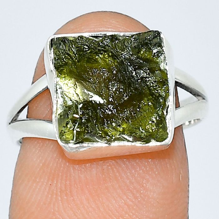 Genuine Czech Moldavite Rough Ring size-8 SDR238890 R-1002, 11x11 mm