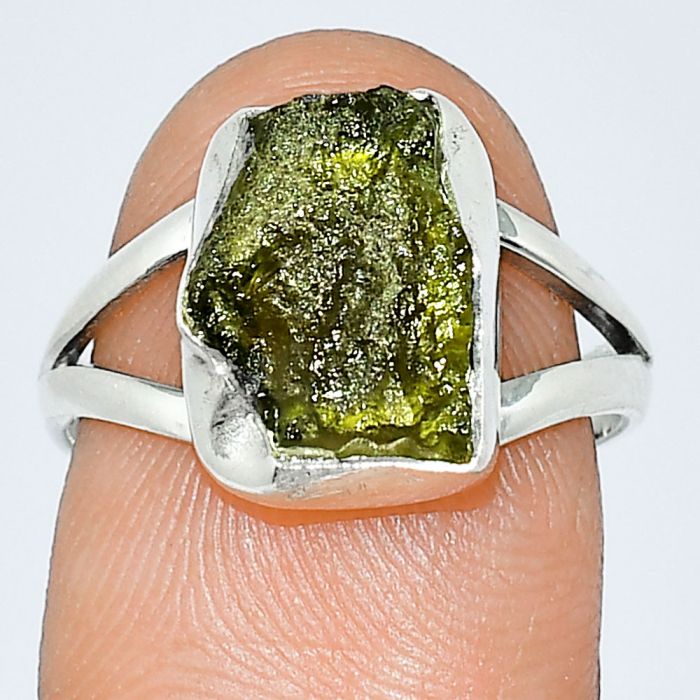 Genuine Czech Moldavite Rough Ring size-7 SDR238893 R-1002, 9x11 mm