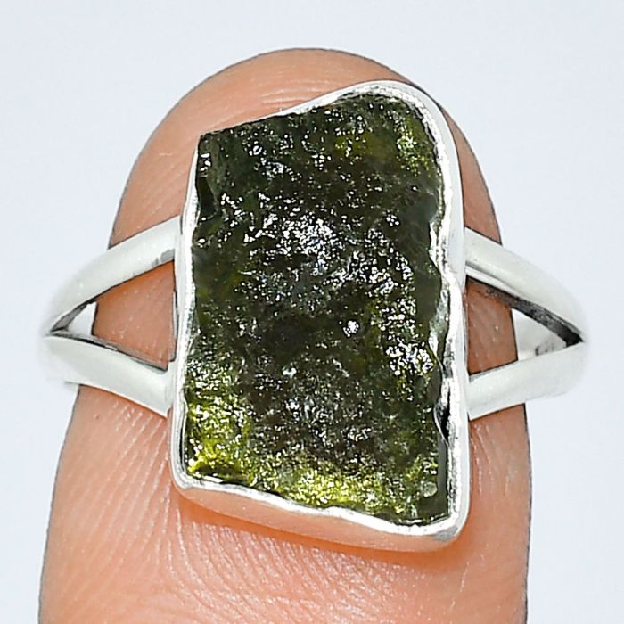 Genuine Czech Moldavite Rough Ring size-8 SDR238895 R-1002, 9x15 mm