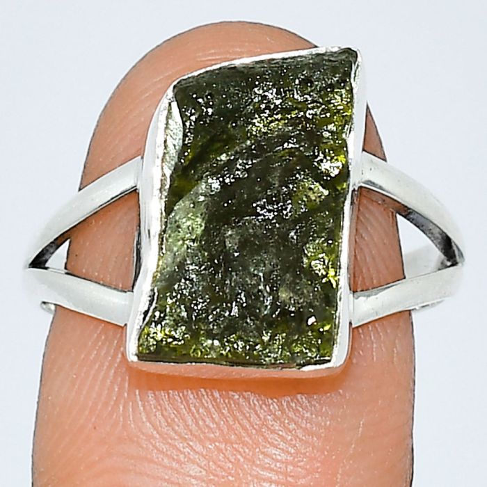 Genuine Czech Moldavite Rough Ring size-8 SDR238896 R-1002, 9x15 mm