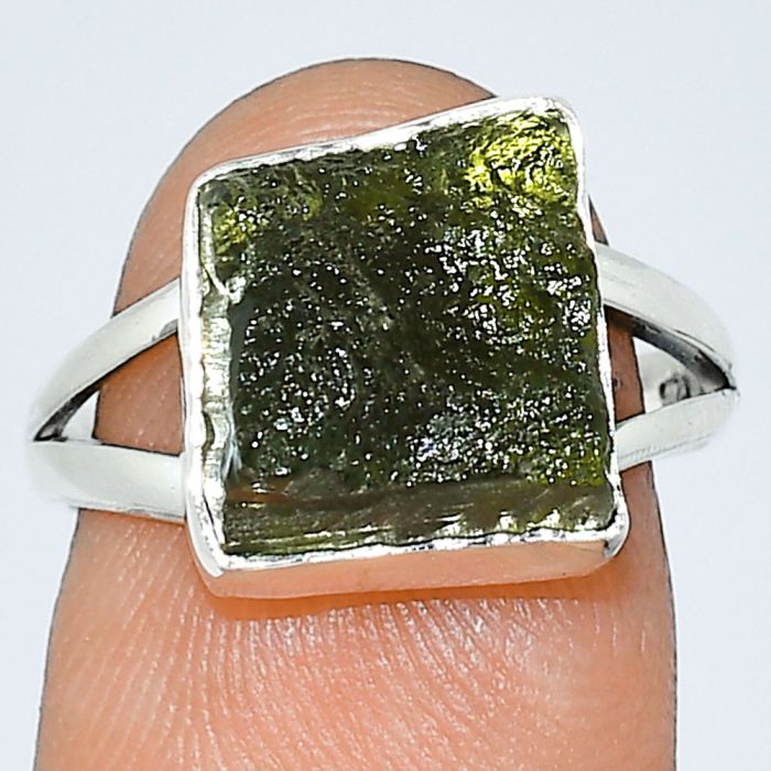 Genuine Czech Moldavite Rough Ring size-7 SDR238902 R-1002, 11x11 mm